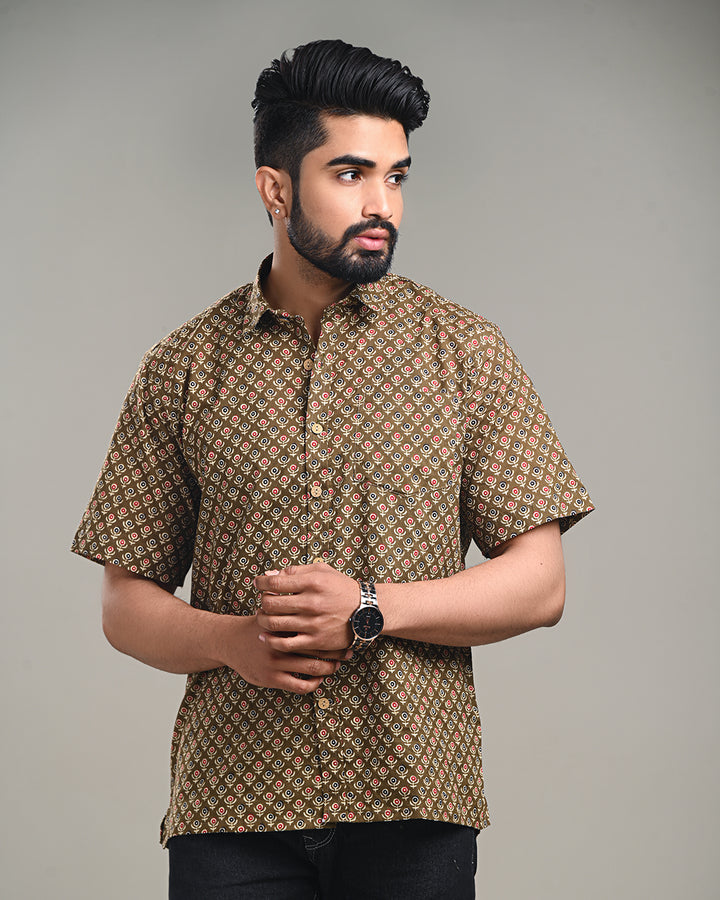 Traditional Designed Half Sleeves Block Print Shirt(NDCOTHS06)